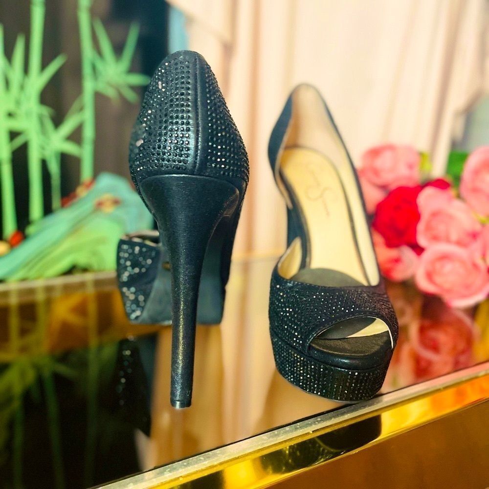 ♥️ Jessica Simpson Black Rhinestone Peep-Toe d’Orsay Pumps